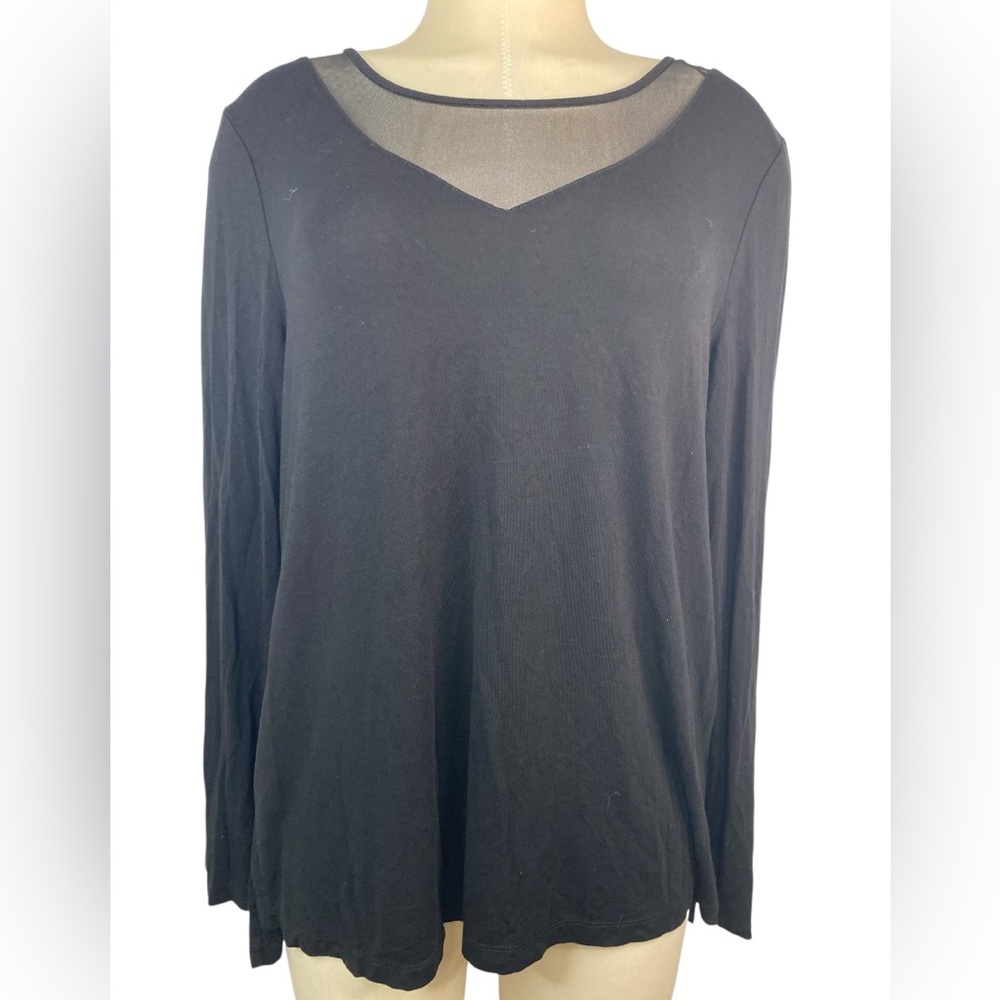 Tahari Black Mesh Detail Long Sleeve Pullover Top Women’s Large